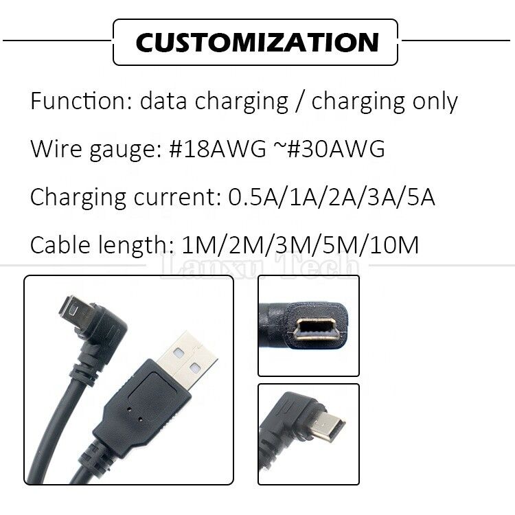 1m 2m 3m 5m 90 Degree L Shape Right Left Angle USB 2.0 A Male to Mini B 5 Pin USB Data Charging Cable for MP3 Camera