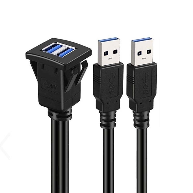 Square Dual USB 3.0 2.0 Male To Female Waterproof Extension Cable With Flush Mount Panel For Car Truck Boat Motorcycle Computer