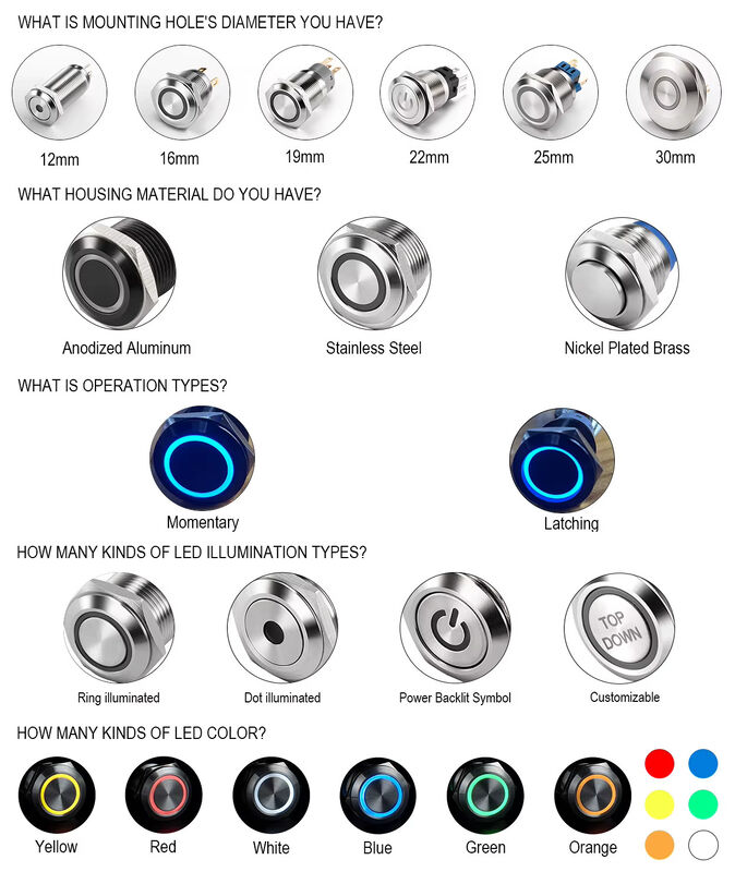 12mm 16mm 19mm 22mm 25mm 28mm 30mm 40mm Push Button Switch Latching Momentary Illuminated Waterproof Button Switch