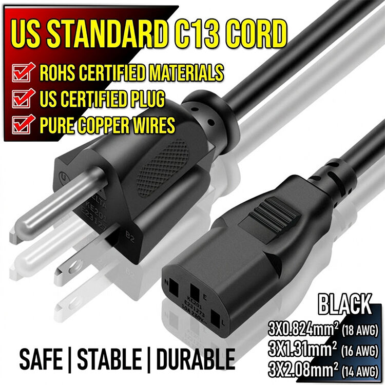1m 2m 3m 5m 10m Universal 3 Prong NEMA 5-15P to IEC C13 AC Power Cord for PC Monitor Printer TV Desktop