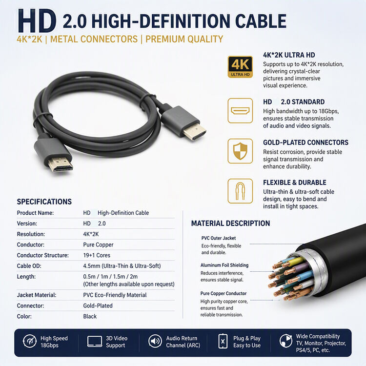 Ultra Thin Soft 4K 2K 1080P Alloy Shell Full Copper Male To Male Female HD HDMI 2.0 Cable for Computer Laptop Monitor Computer
