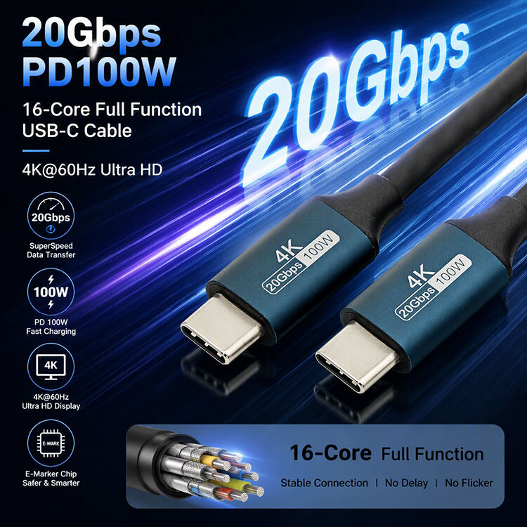 USB 3.2 Gen 2 Type C To Type C Cable 100W PD Fast Charging E-Marker Chip Full Function Data Sync Cable Dual Head USB C Cable