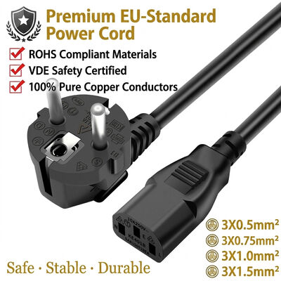 VDE Pure Cooper 5A 10A/250V CEE 7/7 a C13 EU Conexión de cable de alimentación CA para computadora y impresora de TV